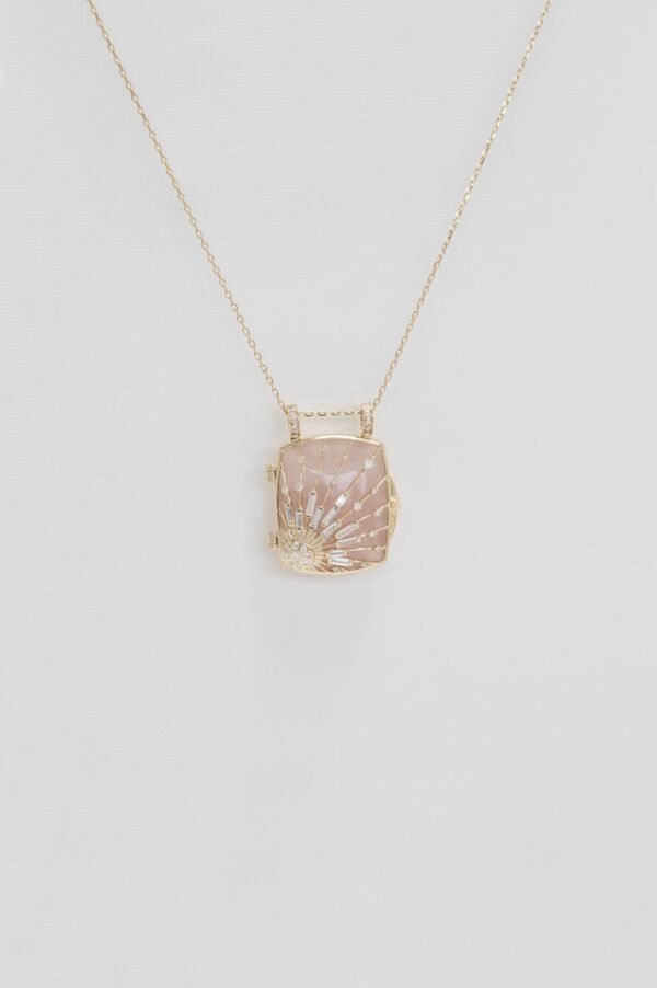 Pink quartz sun & diamonds locket necklace